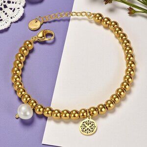 🆕️18K Gold Plated Stainless Steel Beaded Bracelet with Mandala & Pearl Charms ✨